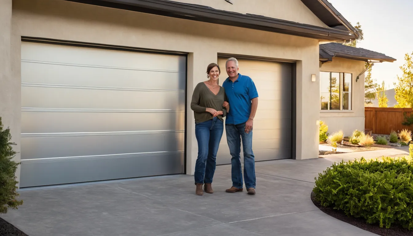 Friendly provider and homeowner admiring a newly installed garage door on a stucco home in San Clemente